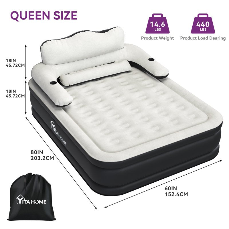 Queen Size Inflatable Air Mattress with Headboard & Built-In Pump - Gray-Style2