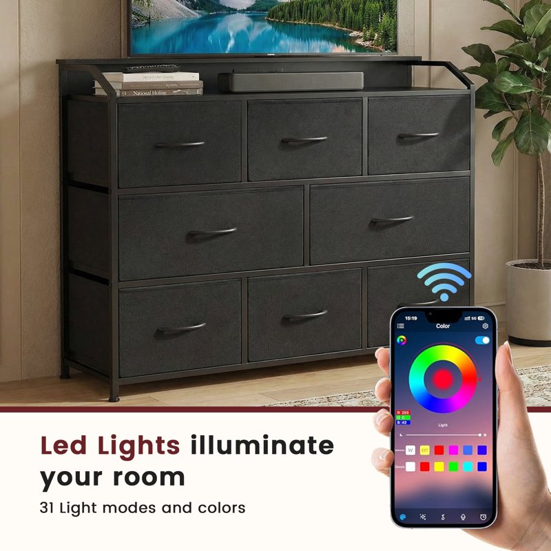 Multifunctional 8-Drawer Fabric Dresser with LED Lights & Power Outlets