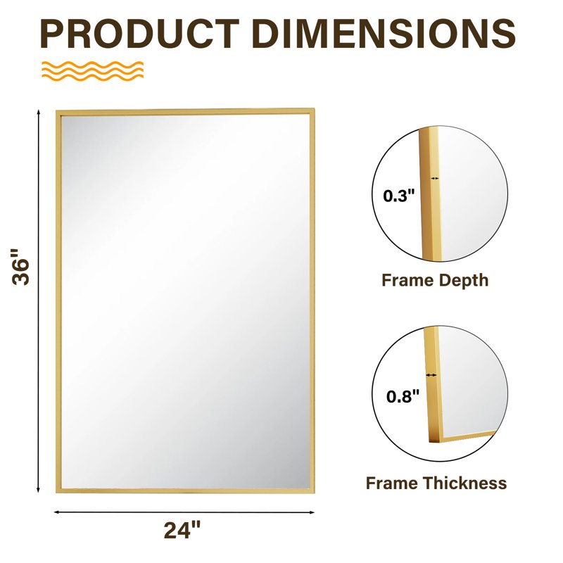 Rectangular Bathroom Mirror 36x24 Inch Wall Mounted Vanity Mirror in Gold - Easy4Home