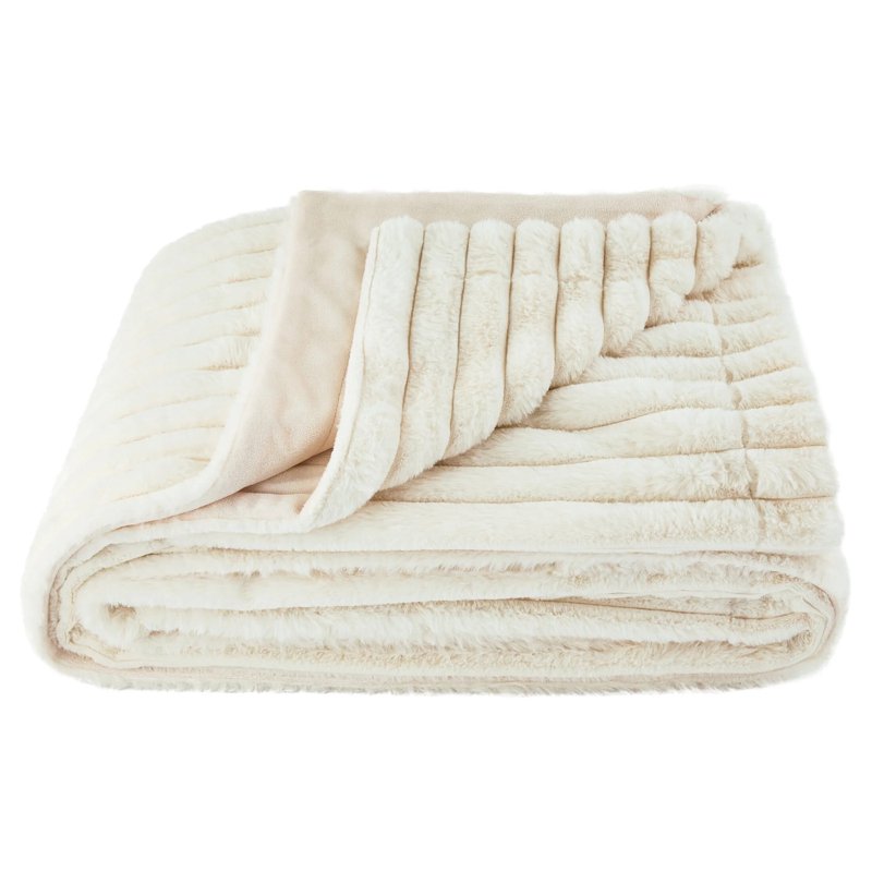 King Faux Fur Blanket - Vanilla Dream Channel Textured Throw, Reversible 102 x 90 in