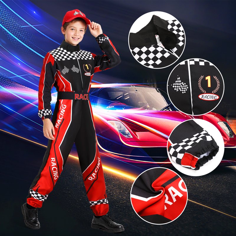 Kids Racer Costume Boys Race Car Jumpsuit with Car Cap - Size M/7-9 Years