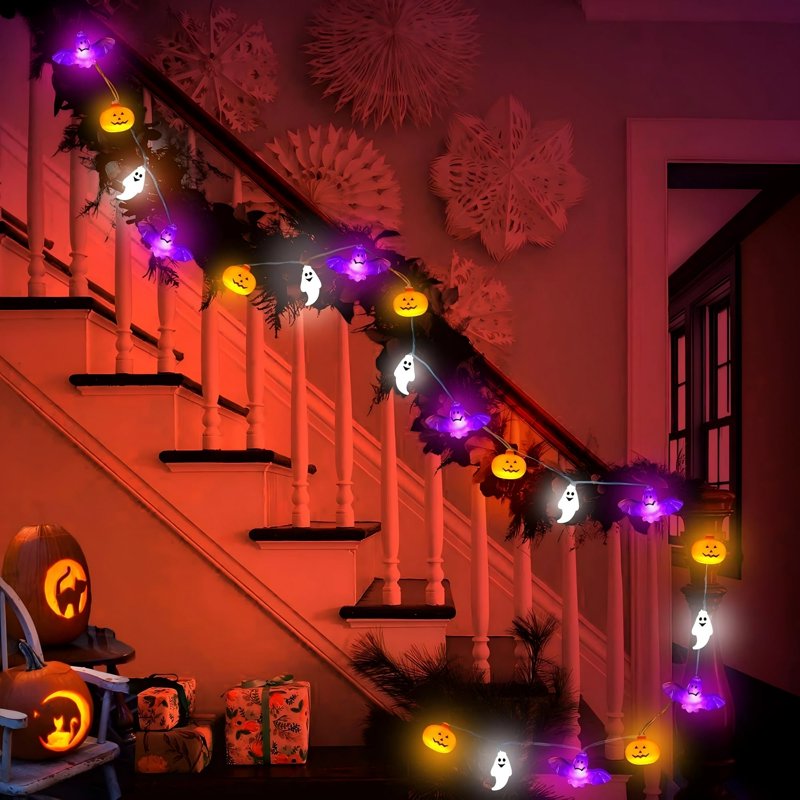 Halloween String Lights with Pumpkins & Bats - 10Ft 20 LED Battery-Operated 8 Modes, Timer, 2 Pack