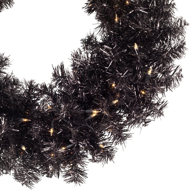 24-Inch Black Pre-Lit Halloween Tinsel Wreath with Clear Lights - Indoor Outdoor Decor