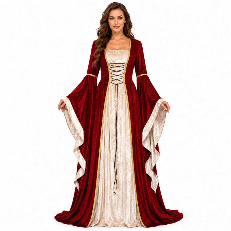 Women's Gothic Witch Costume Dress - Halloween Vampire Renaissance Velvet XL Vermilion
