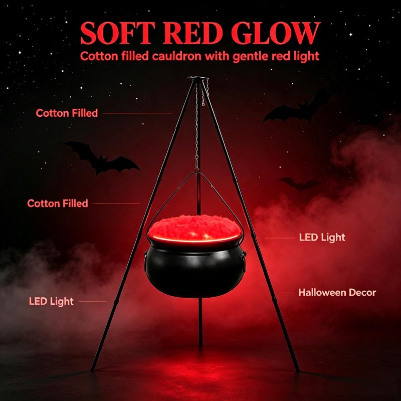 Halloween Outdoor Cauldron Decoration with Tripod & Timer Lights - Red 30.4x7.8 Inches - Versatile Yard & Party Decor - Variation: 11-Red, C