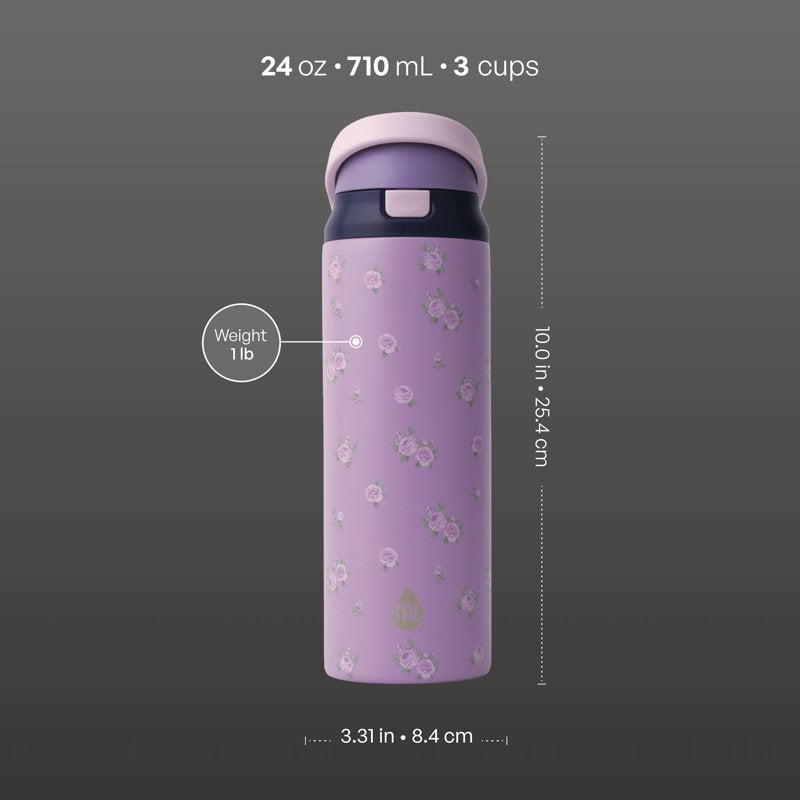 24oz Stainless Steel Water Bottle with 2-in-1 Lid - Purple Flowers