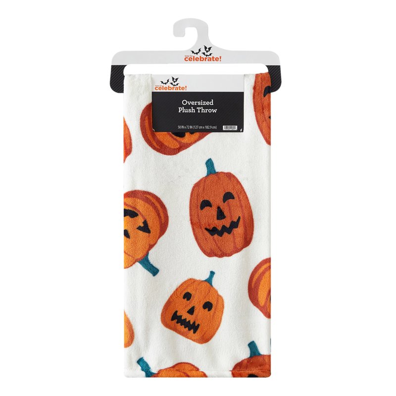 Halloween Jack-O'-Lantern Plush Oversized Couch Throw Blanket - Pumpkins, Cream & Orange, 50 x 72 in