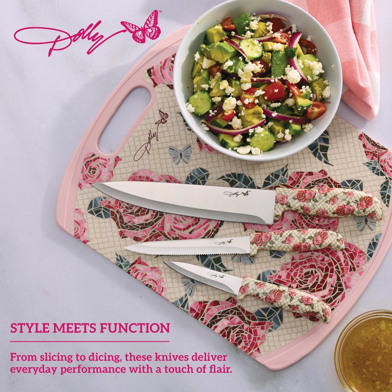 3-Piece Chef Knife Set with Rose Pattern Handles for Kitchen Prep
