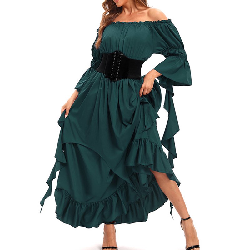Army Green Renaissance Dress for Women L - Spring/Summer Solid Long Sleeve Round-Neck Casual Dress