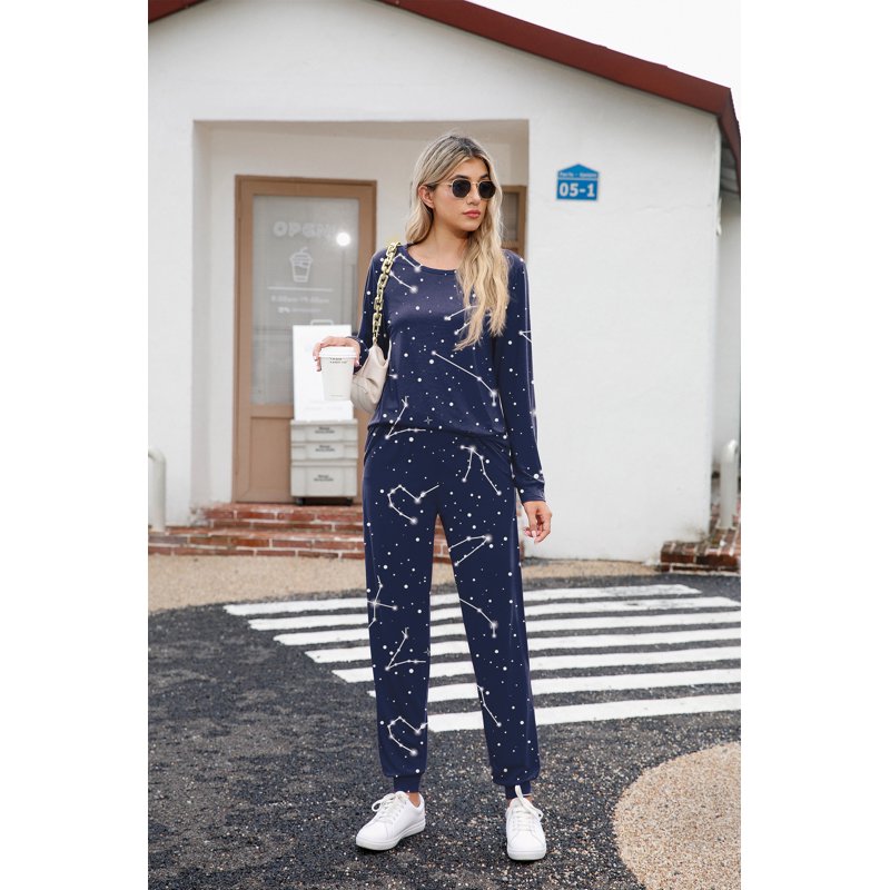 Women’s Pajama Set Long Sleeve Sleepwear Lounge Set with Pockets - Blue Star Sign, L