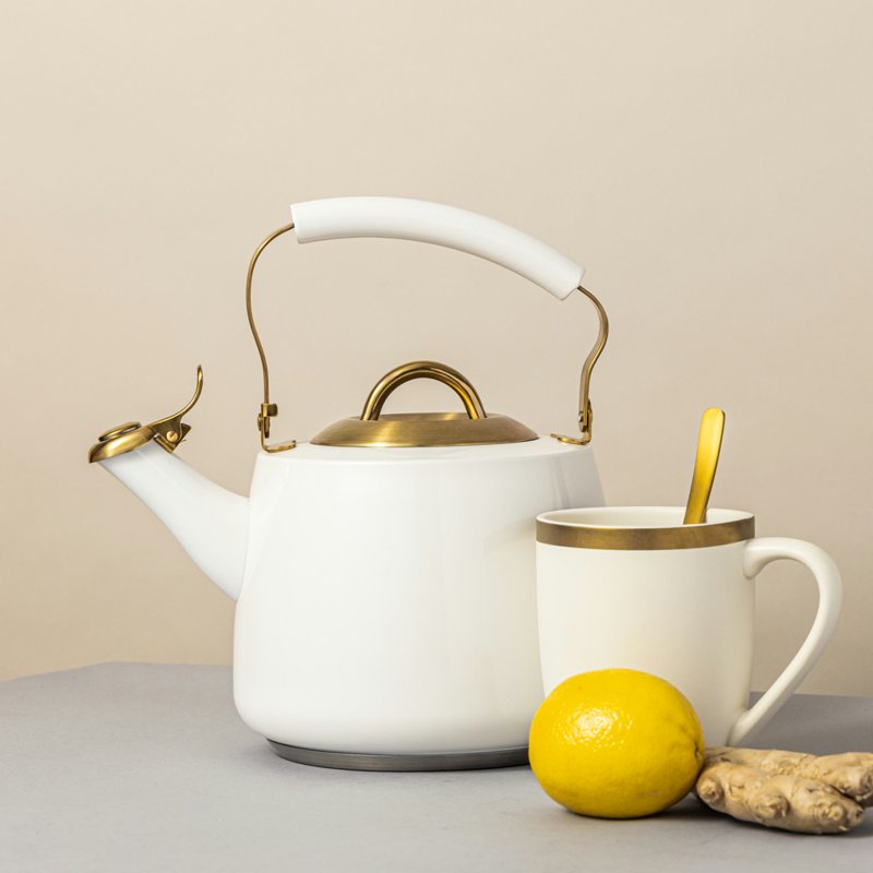 Stainless Steel Whistling Tea Kettle - 1.8L White & Gold