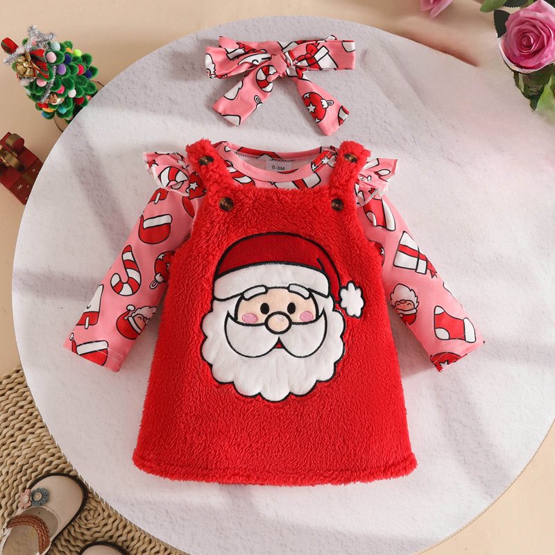 Baby Girl First Christmas Outfit Set - Red 0-3 Months with Ruffle Romper & Suspender Dress