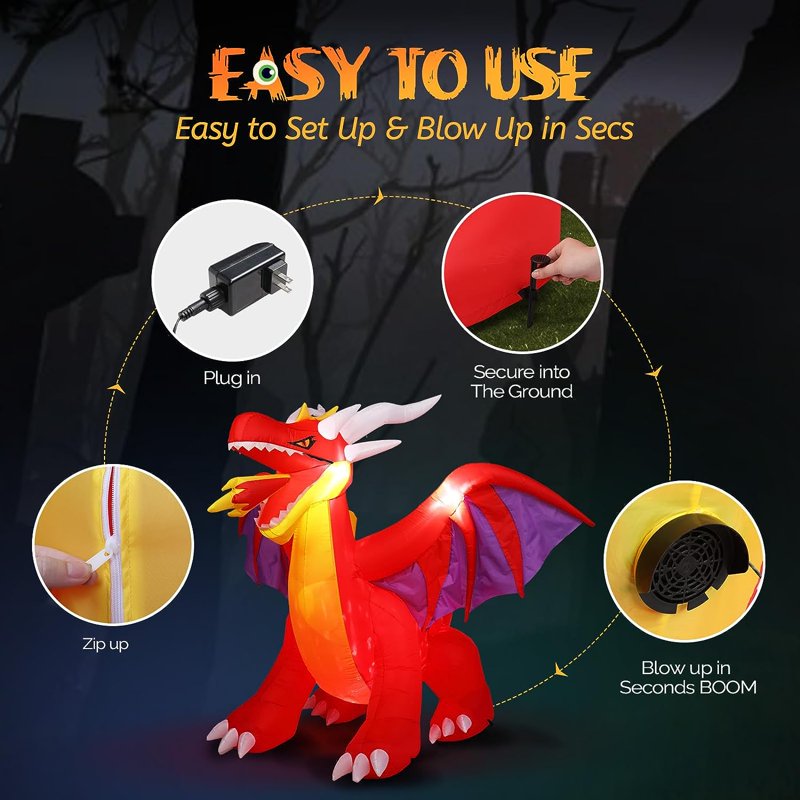 Tall Halloween Inflatable Dragon with LED Lights, Outdoor Yard Decoration