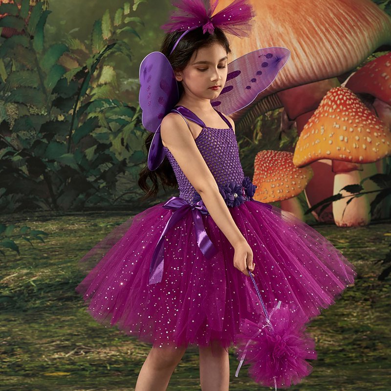 Kids Girls Halloween Fairy Dress Set with Headband and Wings