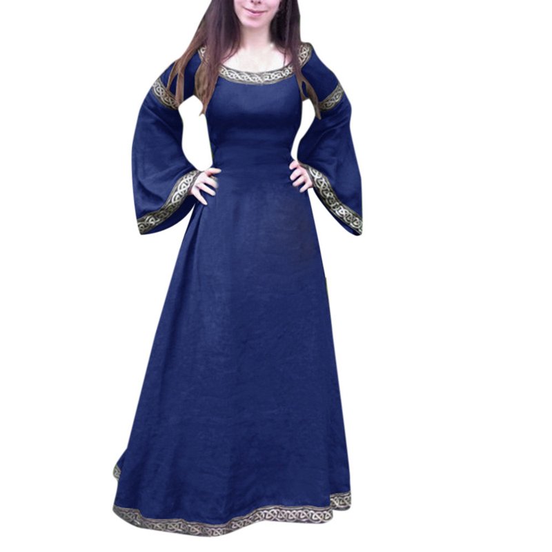 Women Medieval Renaissance Maxi Dress with Long Sleeves - Irregular Fit, Green, Size XL - Variation of Blue, 3XL