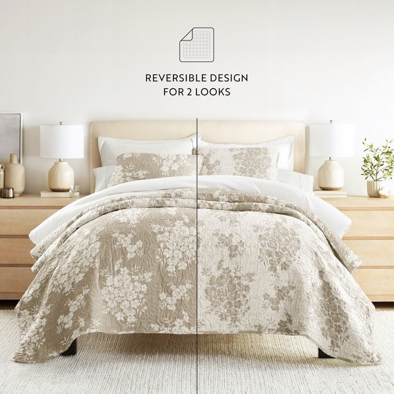 Queen Taupe Distressed Bouquet Reversible Quilt Set - Soft & Durable Bedding
