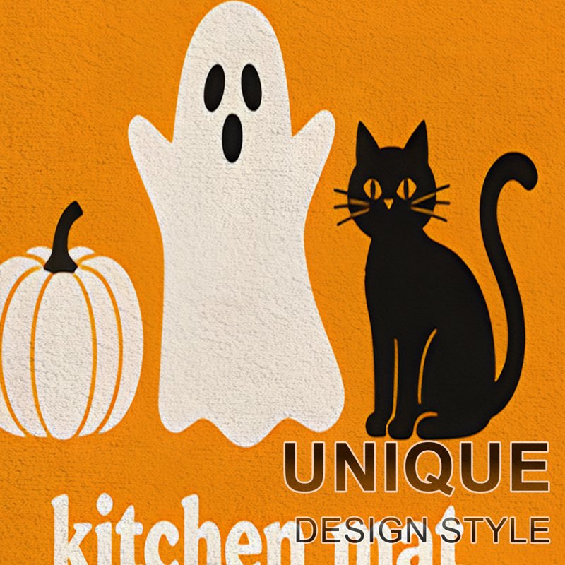 Halloween Orange Ghost Pumpkin Black Cat Flannel Door & Kitchen Mat - 15.7"x23.6"