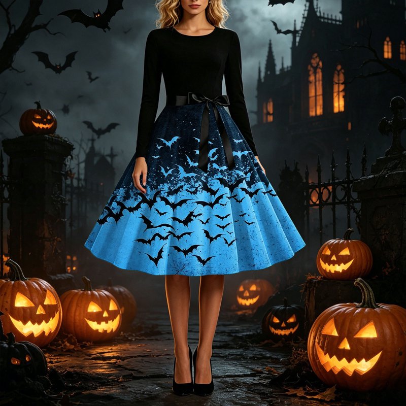 Women's Vintage Halloween Bat Print Swing Dress Sky Blue XL Retro Gothic 1950s Style