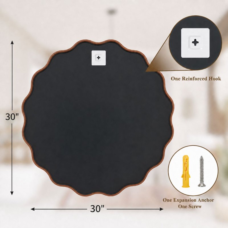 Easy4Home Wavy 30x30 Inch Wall Mirror with Solid Wood Walnut Frame
