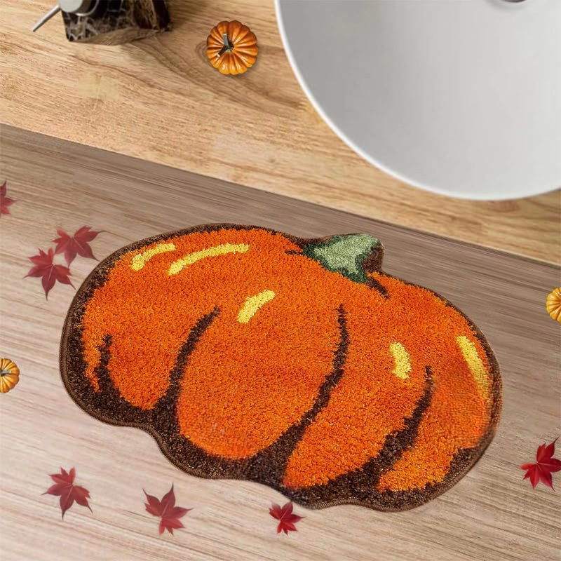 Pumpkin Shape Bathroom Rug - Fall Decor Doormat, Non-Slip Kitchen Floor Mat, 24x16 Inch - Variation C