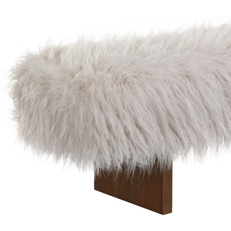 67" Wooden Bench with Long-Haired Faux Wool Upholstery - 3-Person Seat, Brown & White