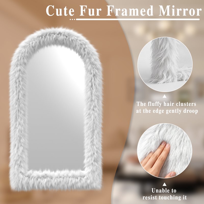 BEAUTYPEAK White Faux Fur Framed Full Length Mirror - Free Standing, 71x32 Inches