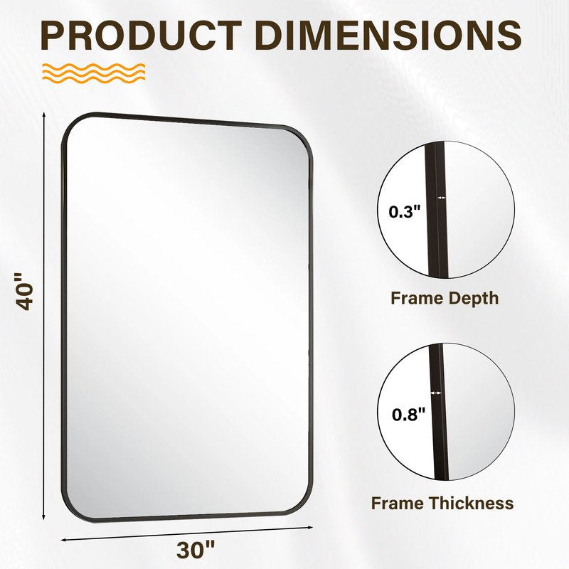 Rectangular Bathroom Mirror 40x30 Inch Wall-Mounted Vanity Mirror with Rounded Corners - Black