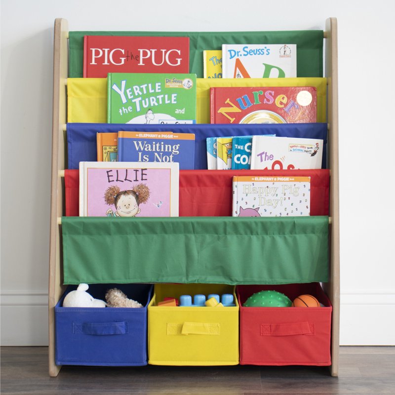 4-Tier Kids Bookshelf and Fabric Bin Organizer - Natural/Primary Colors