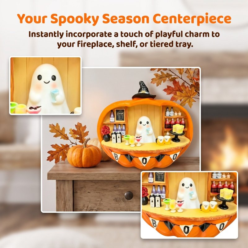 Halloween Ghost and Pumpkin Bar Scene Figurine with Lighted Mini Bar - K Variation