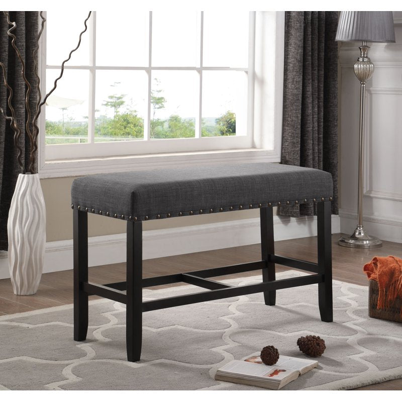Gray Fabric Counter Height Dining Bench with Nailhead Trim