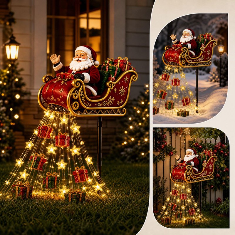 Santa Flying Sleigh Garden Light - Solar Christmas Display with Cascading Warm Lights B7