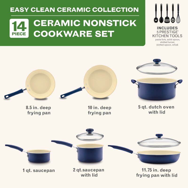 Ceramic Nonstick 14-Piece Cookware Set - Navy