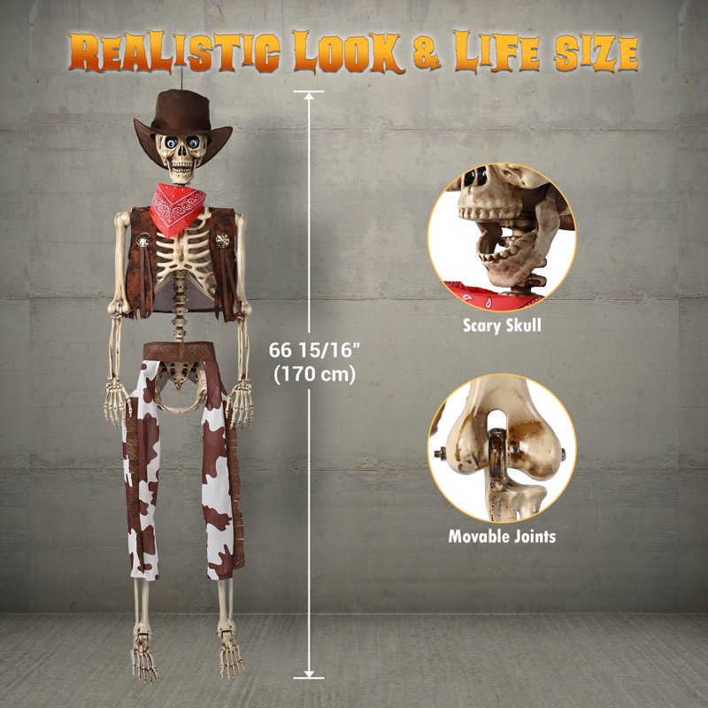 Life Size Cowboy Skeleton Halloween Prop - 5.6ft Outdoor Indoor Decor