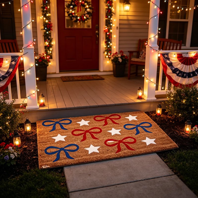 Patriotic Door Mat 4th of July Bow & Star Floor Doormat - 20x30in Independence Day Welcome Rug