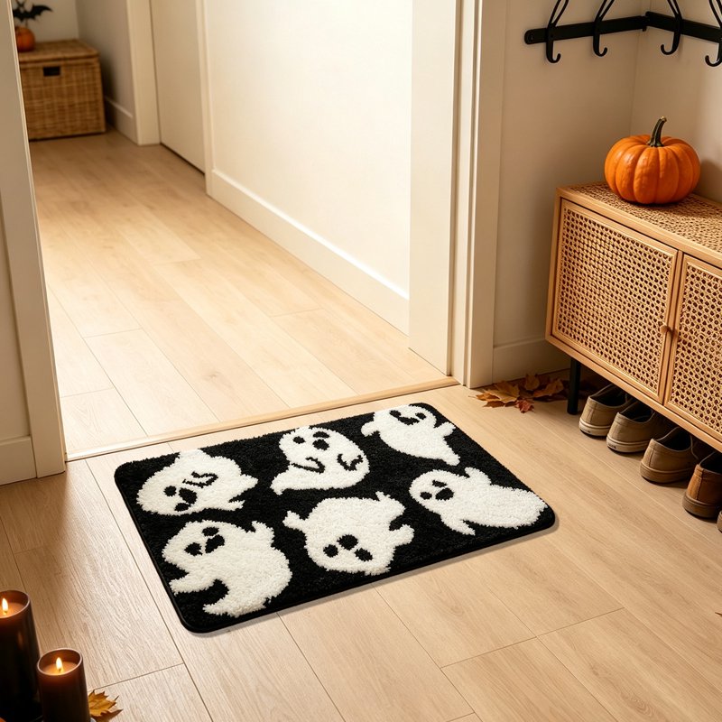 Halloween Door Mat 16x24 Inch Ghost Tufted Floor Rug Indoor Front Door Decor - Black, Ghost-P