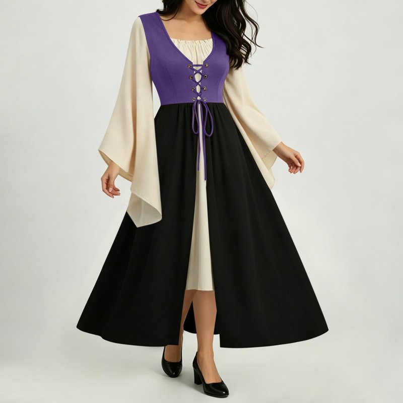Women's Renaissance Medieval Costume Dress with Bell Sleeves - Purple Halloween Steampunk Dress, Size L