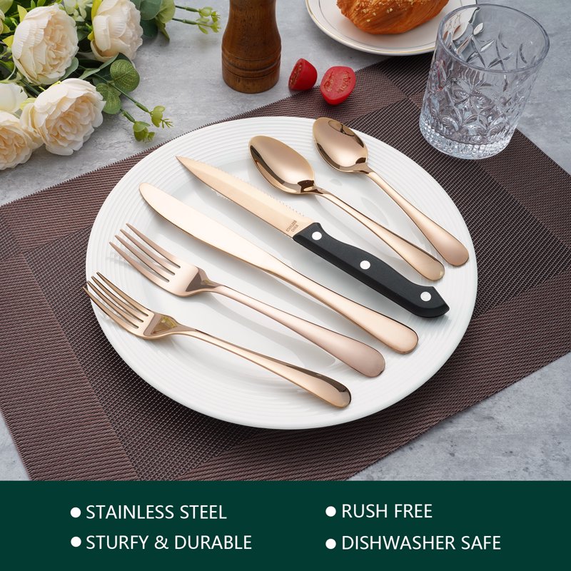 24-Piece Rose Gold Flatware Set for 4 with Steak Knives