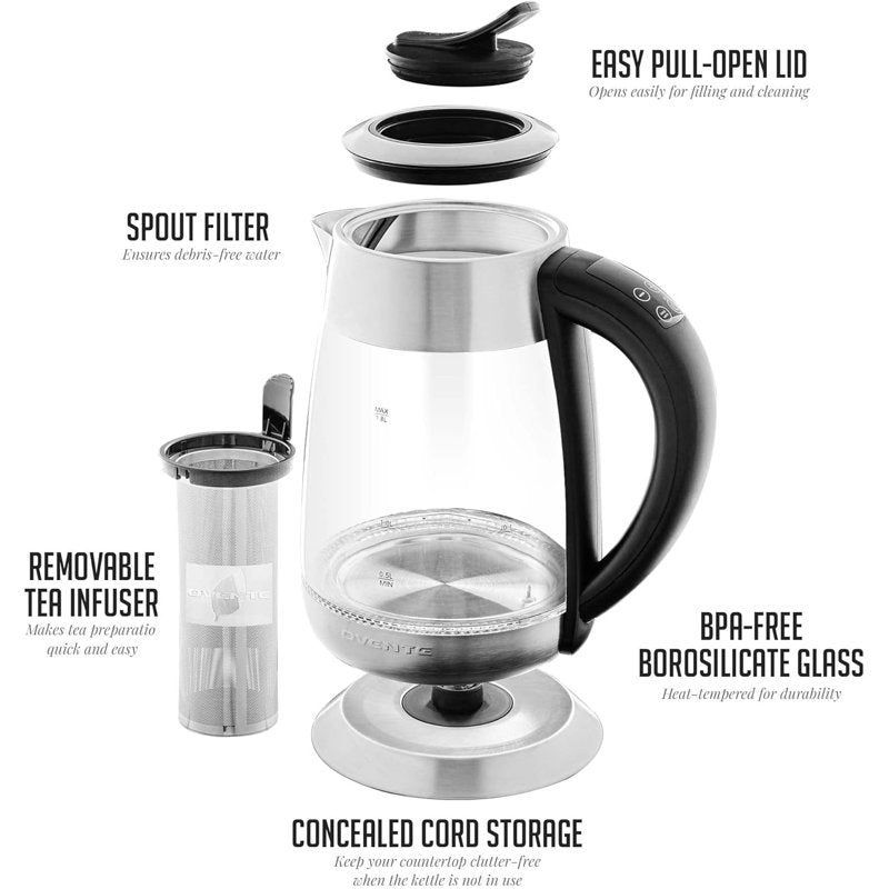 1.8L Glass Electric Kettle with Tea Infuser - 1500W Fast Boiling