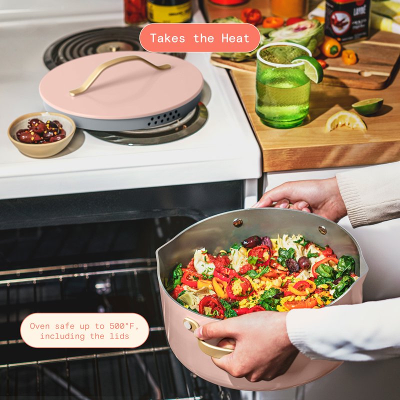 12-Piece Ceramic Nonstick Cookware Set with Strainer Lids - Rose