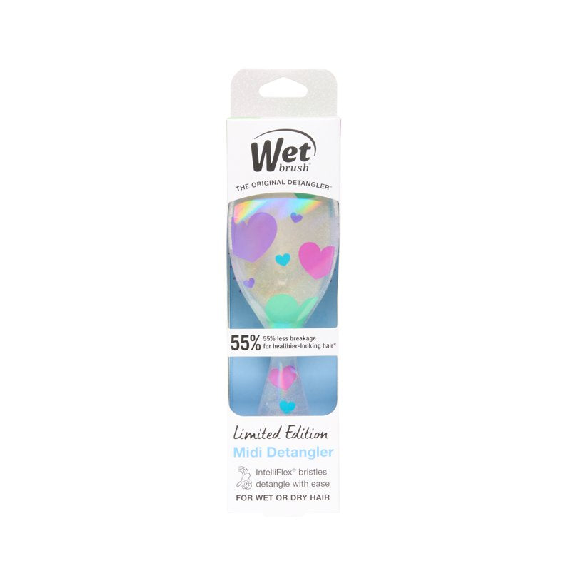Midi Detangler Hair Brush - Glitter Hearts Design, For Wet or Dry Hair