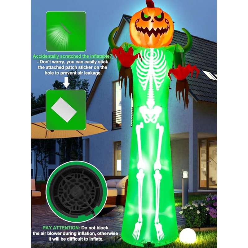 12FT Halloween Inflatable Pumpkin & Skeleton with LED Lights for Yard Decor