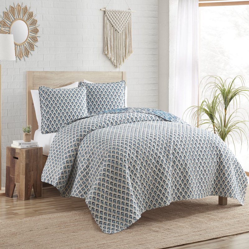Twin Reversible Boho Quilt Set - Blue Medallion & Damask Prints, 3 Piece