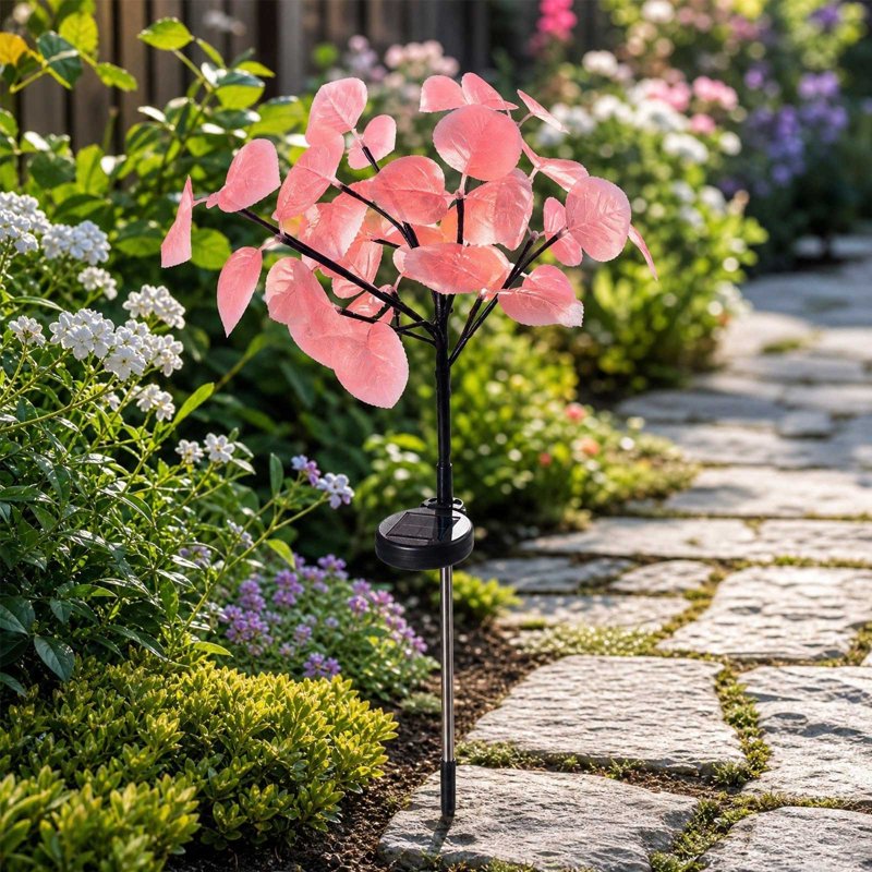 Garden Solar Lights Pink Eucalyptus Leaves Outdoor Waterproof Pathway Lamp R