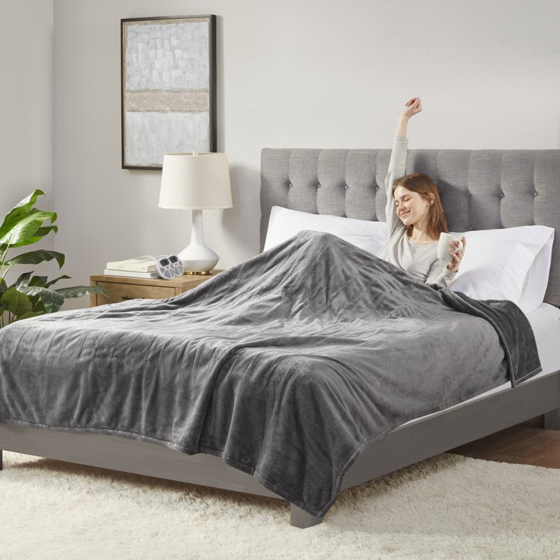 Electric Blanket Queen - Soft Polyester Heated Throw with Dual Controllers, Dark Grey