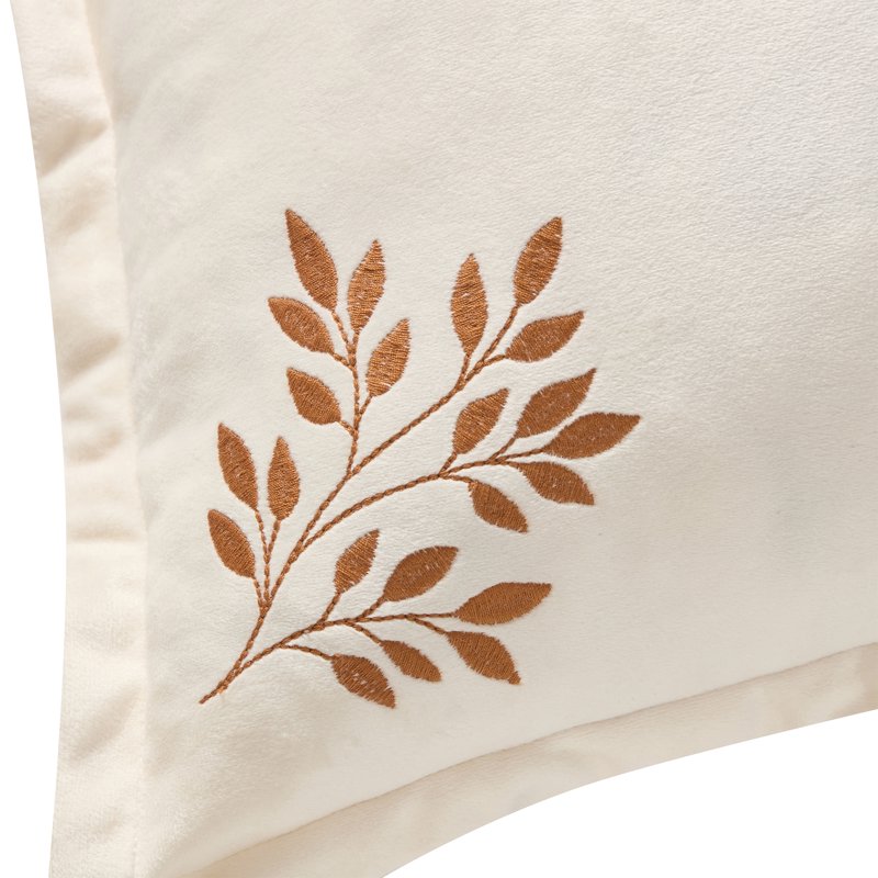 Ivory Embroidered Leaves Velvet Decorative Pillow - 18x18 Inches, Farmhouse Style