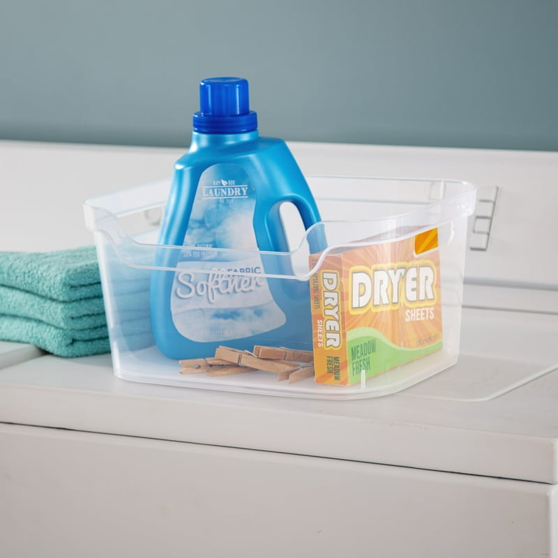 Large Clear Plastic Storage Bin with Scoop Front & Handles for Organizing