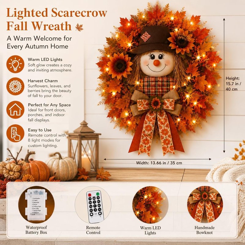 Lighted Fall Wreath for Front Door - Classic Style Harvest Decor with Sunflower & Maple Leaves