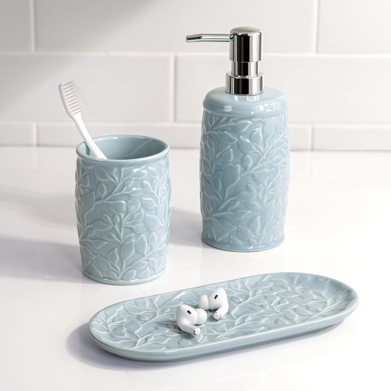 Blue Floral Ceramic Tray for Bathroom Countertop Organization