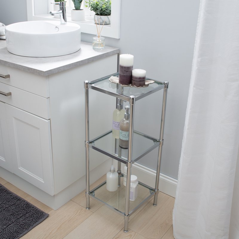 Over-the-Toilet Bathroom Storage Shelf - 3 Tier Freestanding Steel & Glass Tower - Chrome Finish
