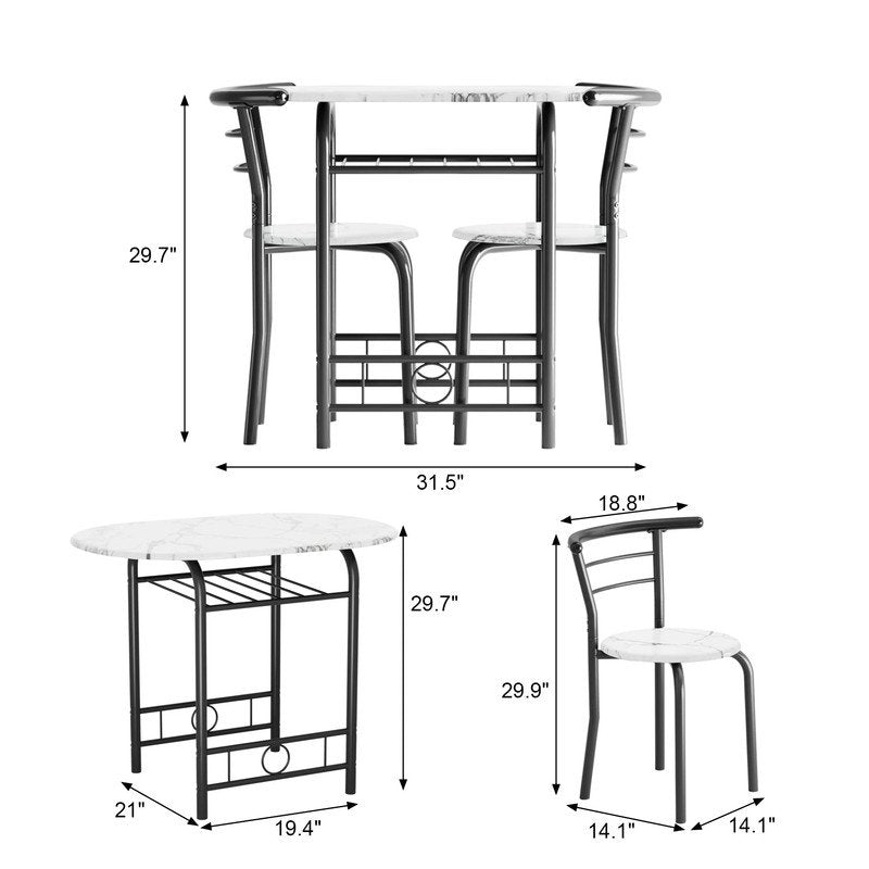 Space-Saving 3-Piece Dining Set for 2 - White